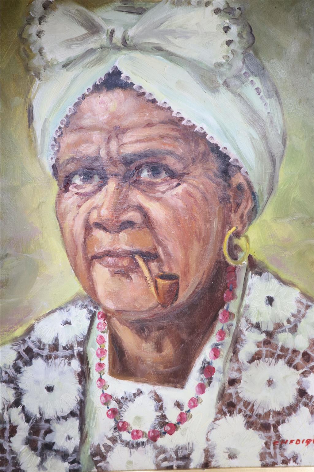 Chediac (20thC Brazilian), six oils on canvas, Portraits in landscapes, largest 66 x 107cm